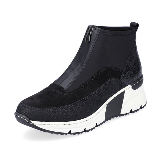 Rieker Ladies Boot N6352 Trainer style front zip Ankle Boot with wedge sole BLACK MULTI N6352-00