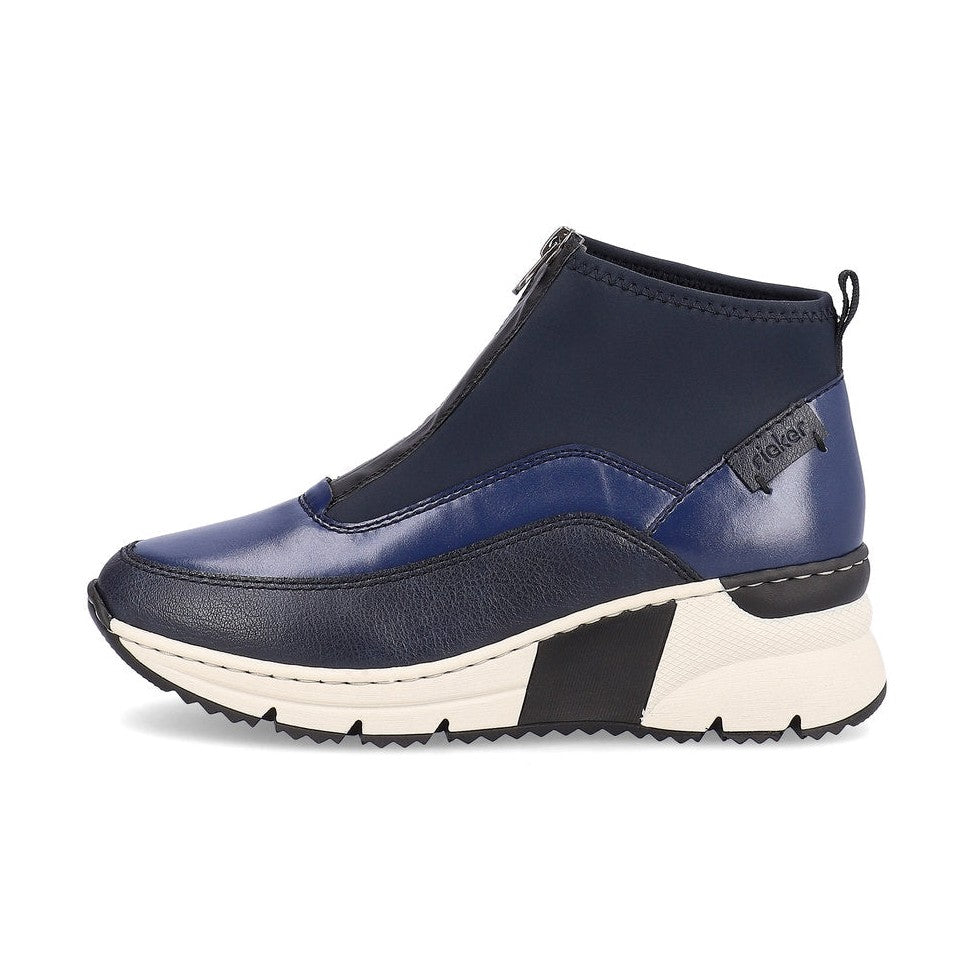 Rieker Ladies Boot N6352 Trainer style front zip Ankle Boot with wedge sole BLUE MULTY N6352-14