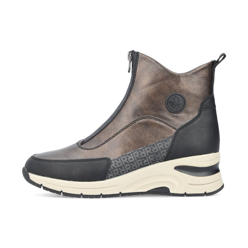 Rieker Ladies Boot N9381 Trainer style front zip Ankle Boot with wedge sole BRONZE N9381-60