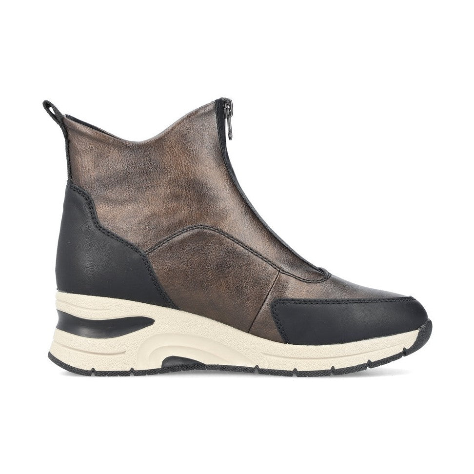 Rieker Ladies Boot N9381 Trainer style front zip Ankle Boot with wedge sole BRONZE N9381-60