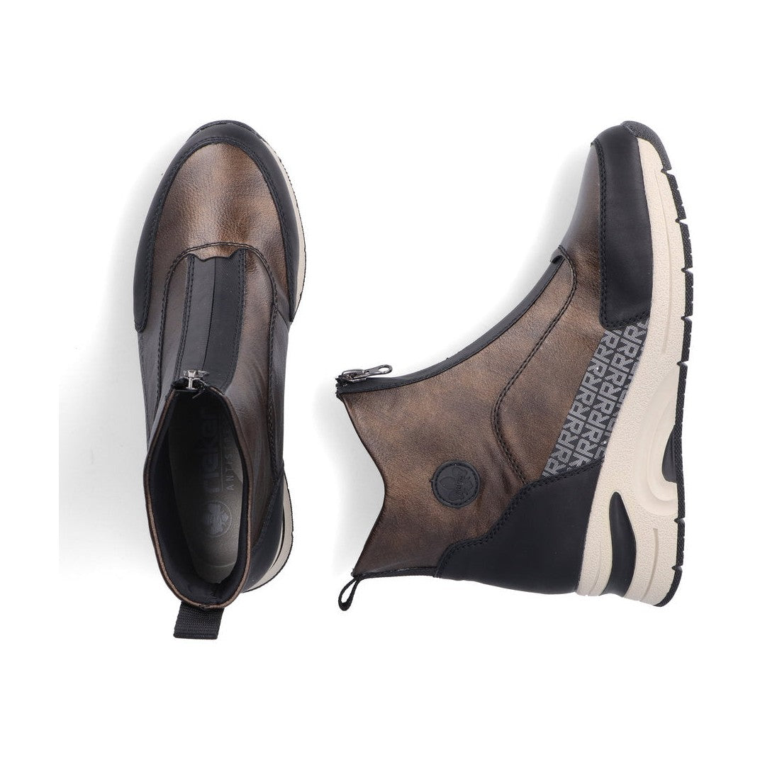 Rieker Ladies Boot N9381 Trainer style front zip Ankle Boot with wedge sole BRONZE N9381-60