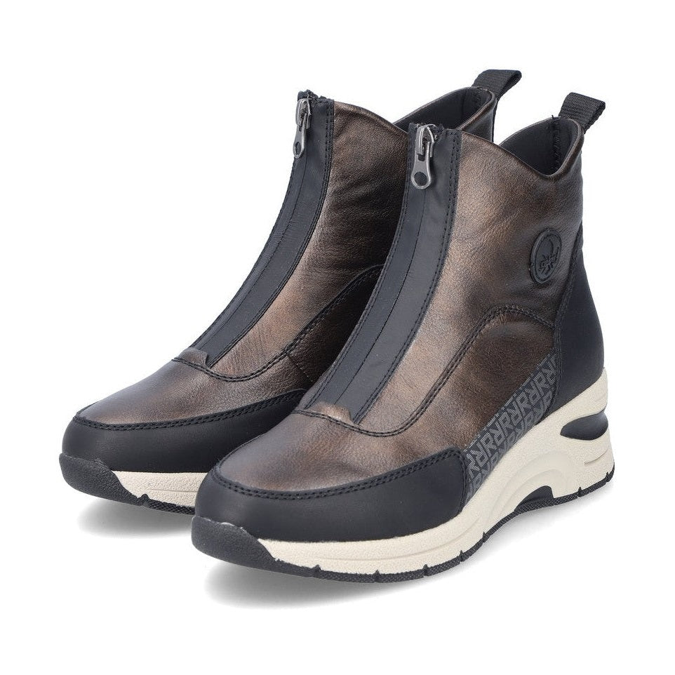 Rieker Ladies Boot N9381 Trainer style front zip Ankle Boot with wedge sole BRONZE N9381-60