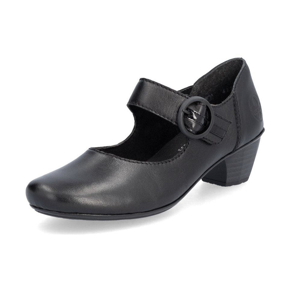 Rieker Ladies Shoe 41756 Low Heeled Court shoe with touch fastening Bar BLACK 41756-00