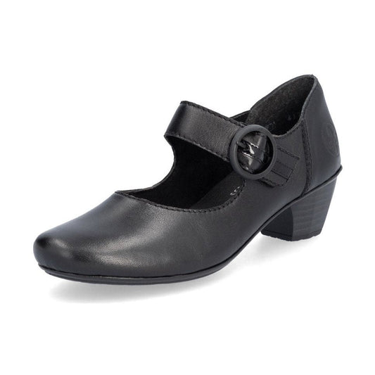 Rieker Ladies Shoe 41756 Low Heeled Court shoe with touch fastening Bar BLACK 41756-00