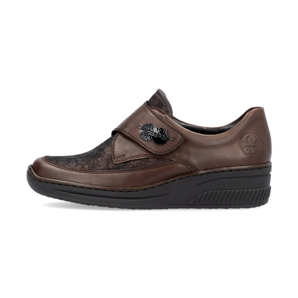 Rieker Shoe 487C0-25 BROWN Touch Fastening Shoe with Stretch panels
