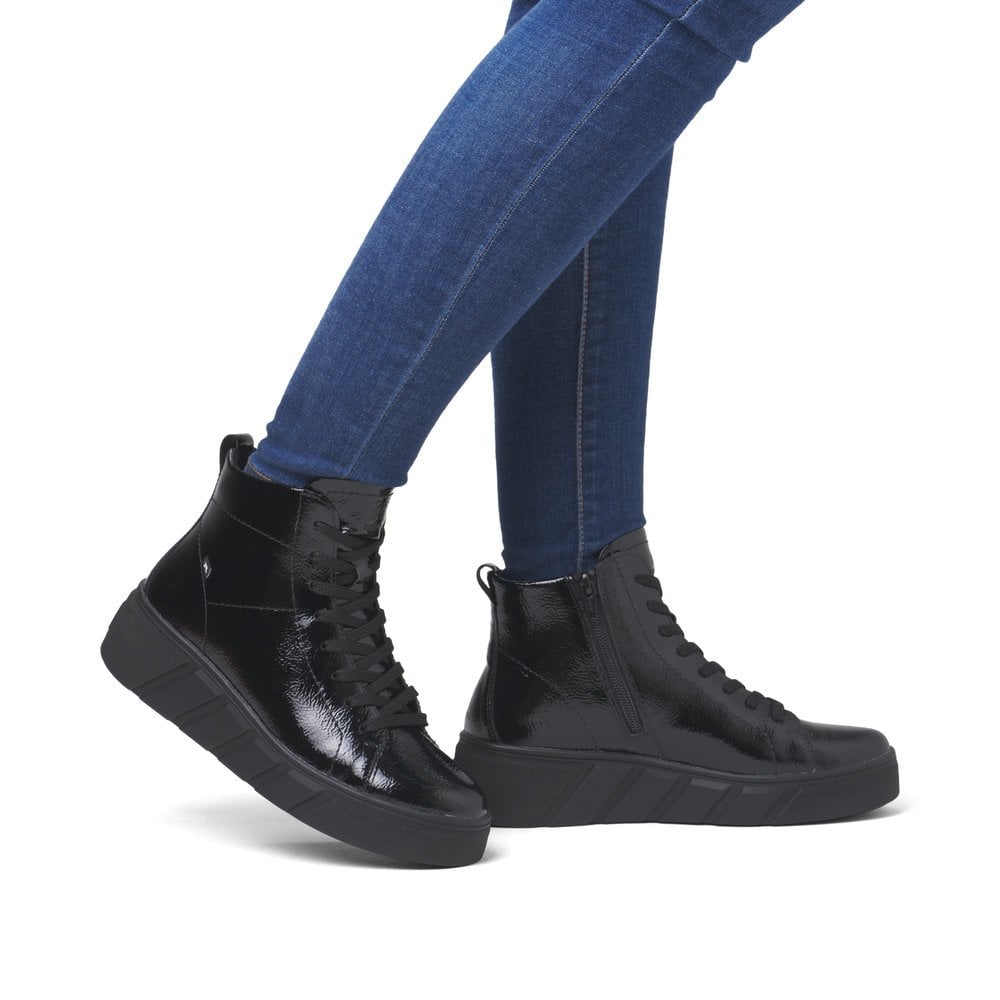 Rieker W0561 BLACK Patent Lace Up Ankle Boot with Zip W0561-01