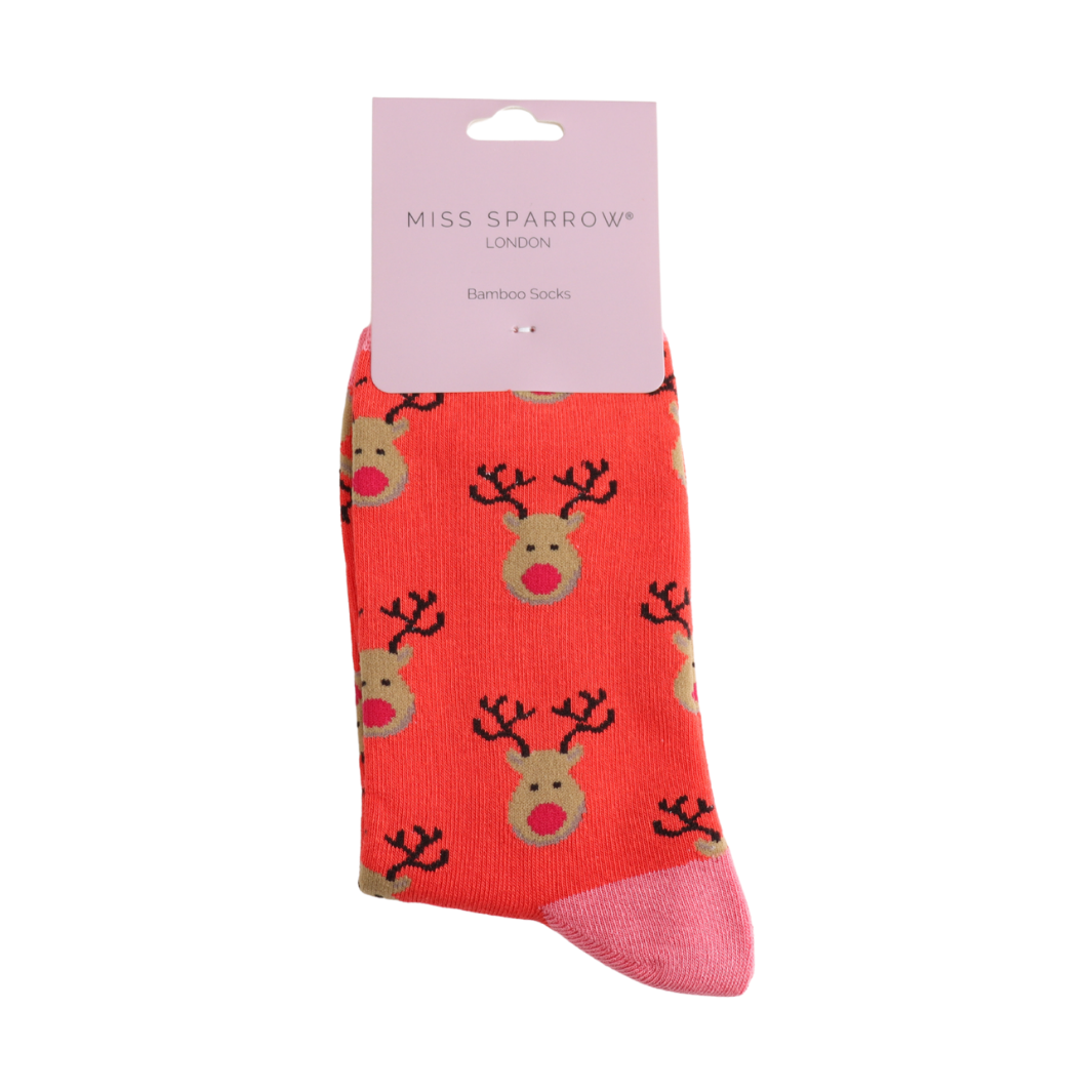 Miss Sparrow Quality Bamboo Socks Raindeer Ladies RED SKS339