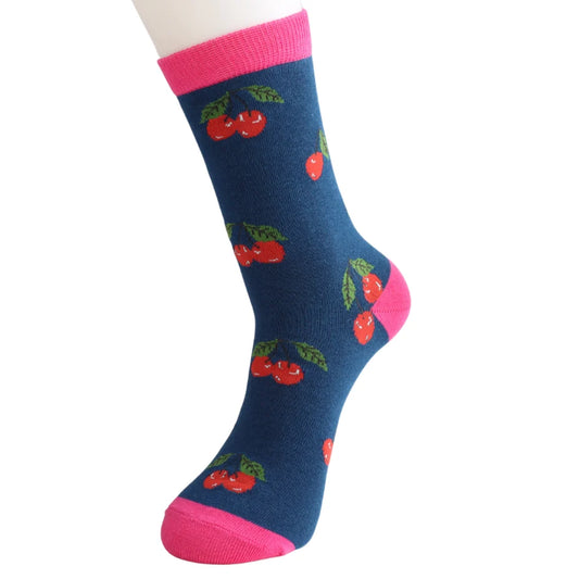 Miss Sparrow Cherries Quality Bamboo Socks NAVY SKS557