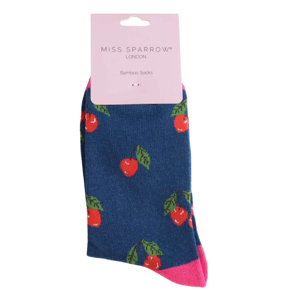 Miss Sparrow Cherries Quality Bamboo Socks NAVY SKS557