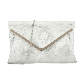H2211 SILVER Clutch Bag with Floral Detail and Detachable Chain Strap
