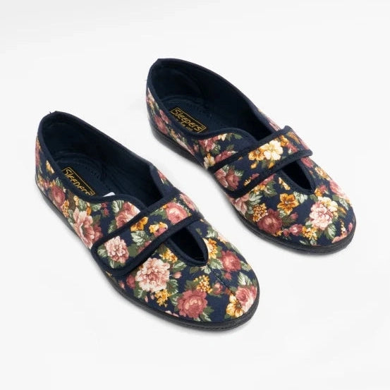 Sleepers Wilma NAVY Ladies Wide Fitting Cotton Slipper LS866