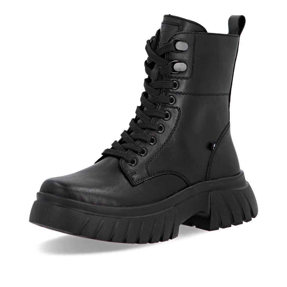 Rieker Biker Style Ankle Boot with Lace and Zip W1870-02 BLACK LEATHER