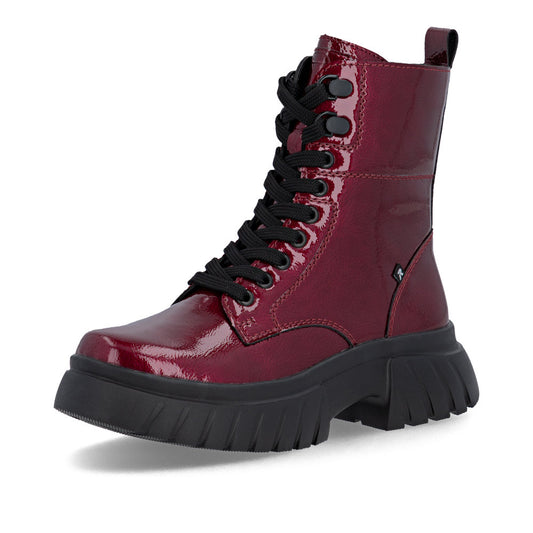 Rieker Biker Style Ankle Boot with Lace and Zip W1870-35 RED PATENT LEATHER