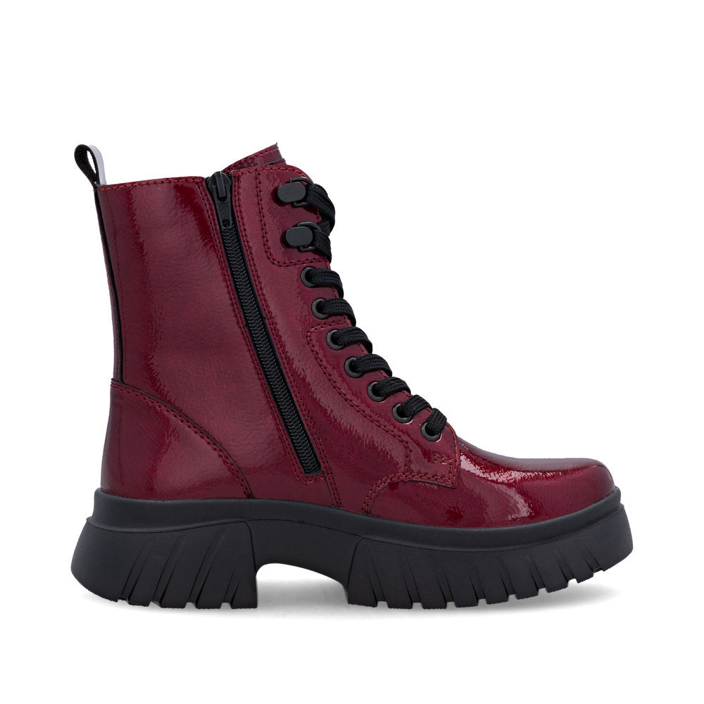 Rieker Biker Style Ankle Boot with Lace and Zip W1870-35 RED PATENT LEATHER
