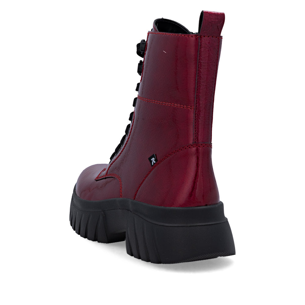 Rieker Biker Style Ankle Boot with Lace and Zip W1870-35 RED PATENT LEATHER