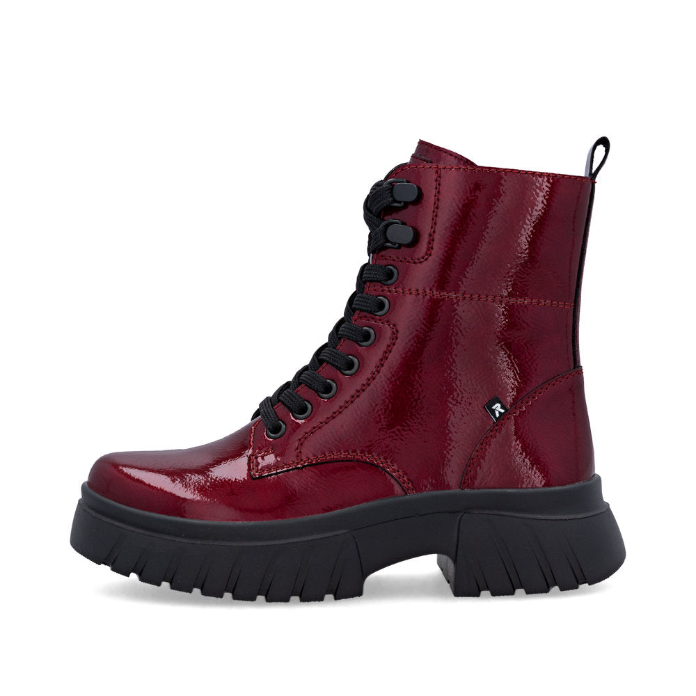 Rieker Biker Style Ankle Boot with Lace and Zip W1870-35 RED PATENT LEATHER