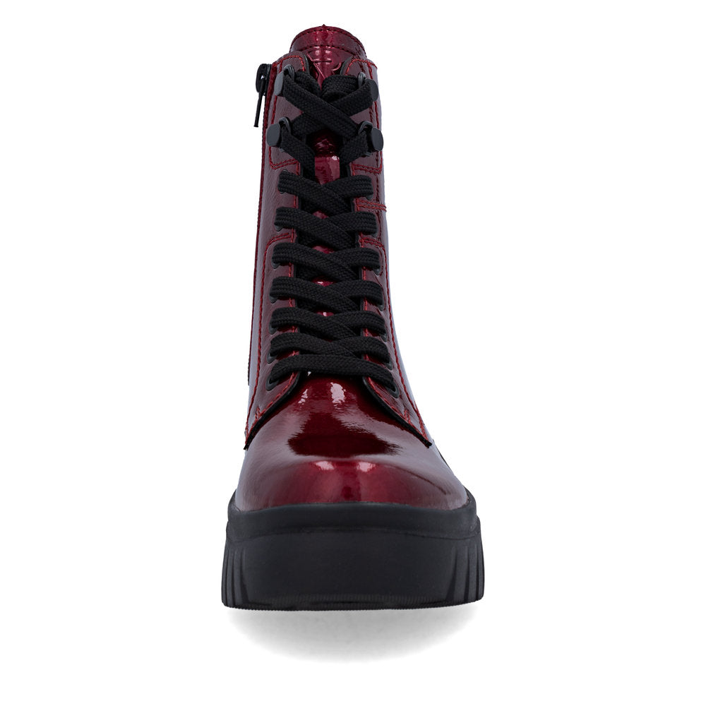 Rieker Biker Style Ankle Boot with Lace and Zip W1870-35 RED PATENT LEATHER