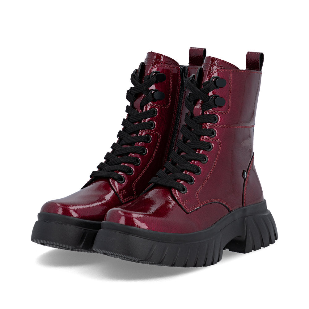 Rieker Biker Style Ankle Boot with Lace and Zip W1870-35 RED PATENT LEATHER