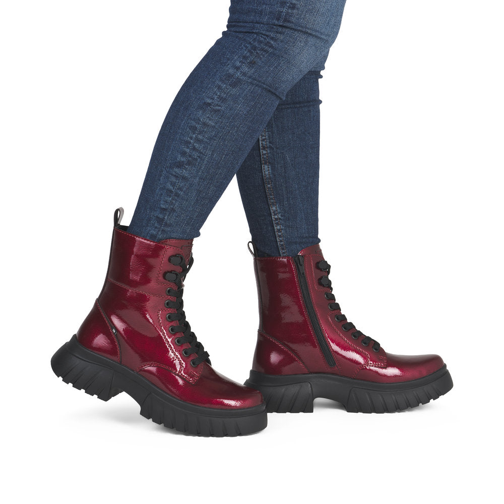 Rieker Biker Style Ankle Boot with Lace and Zip W1870-35 RED PATENT LEATHER