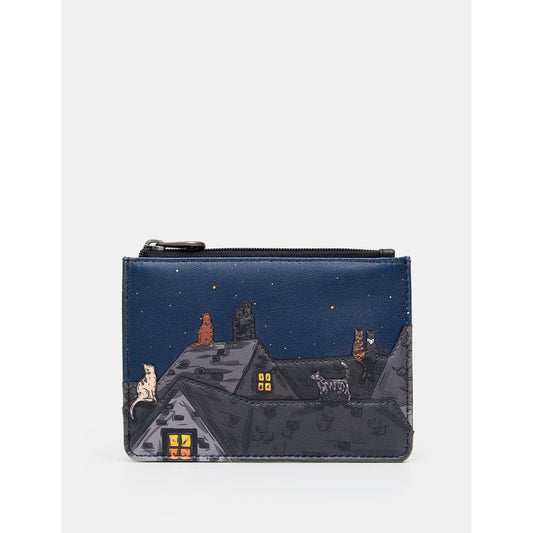 Yoshi Stargazing Cats Zip Purse BLACK Leather .