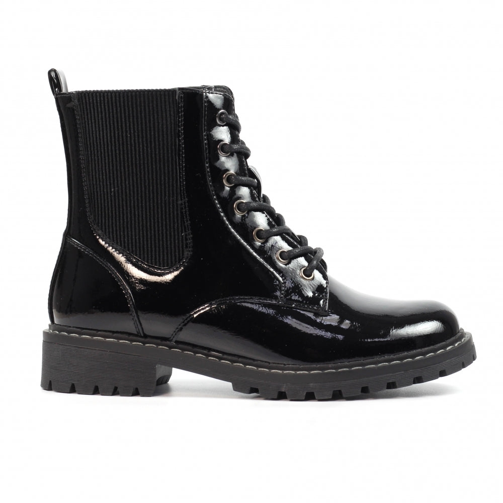 Lunar Alexis BLACK  Patent  Lace Up Boot With Inside Zip
