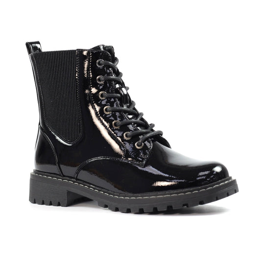 Lunar Alexis BLACK  Patent  Lace Up Boot With Inside Zip