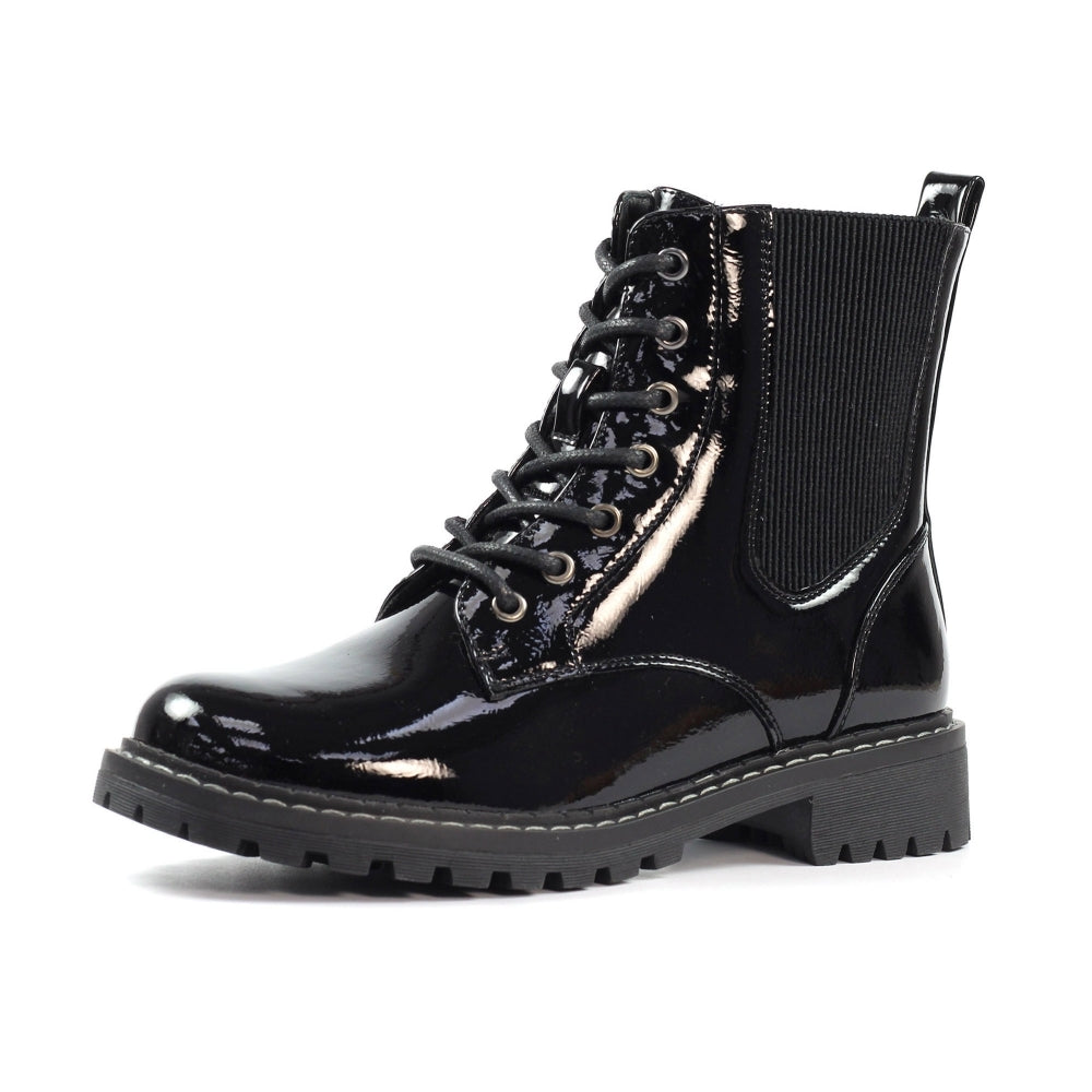 Lunar Alexis BLACK  Patent  Lace Up Boot With Inside Zip