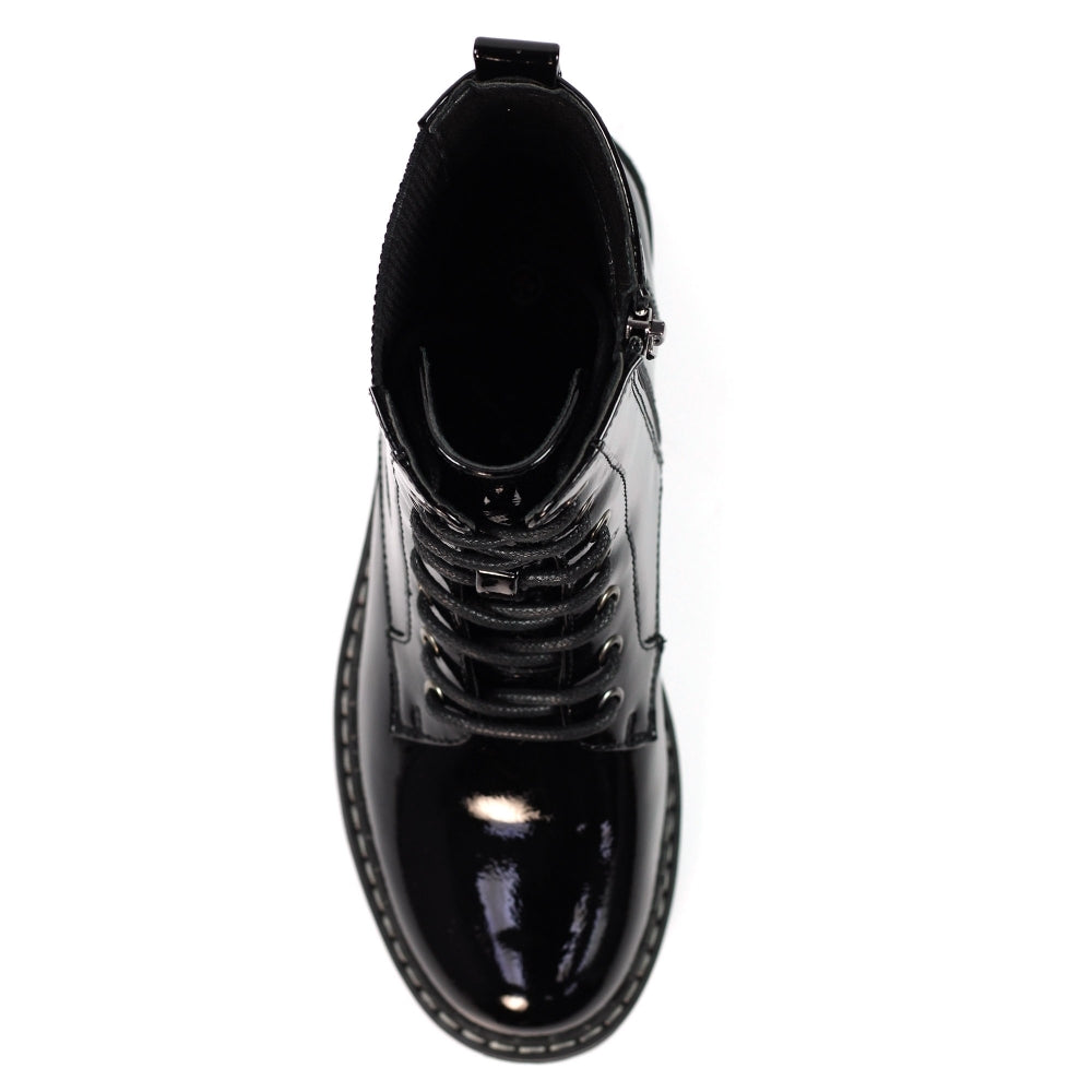 Lunar Alexis BLACK  Patent  Lace Up Boot With Inside Zip