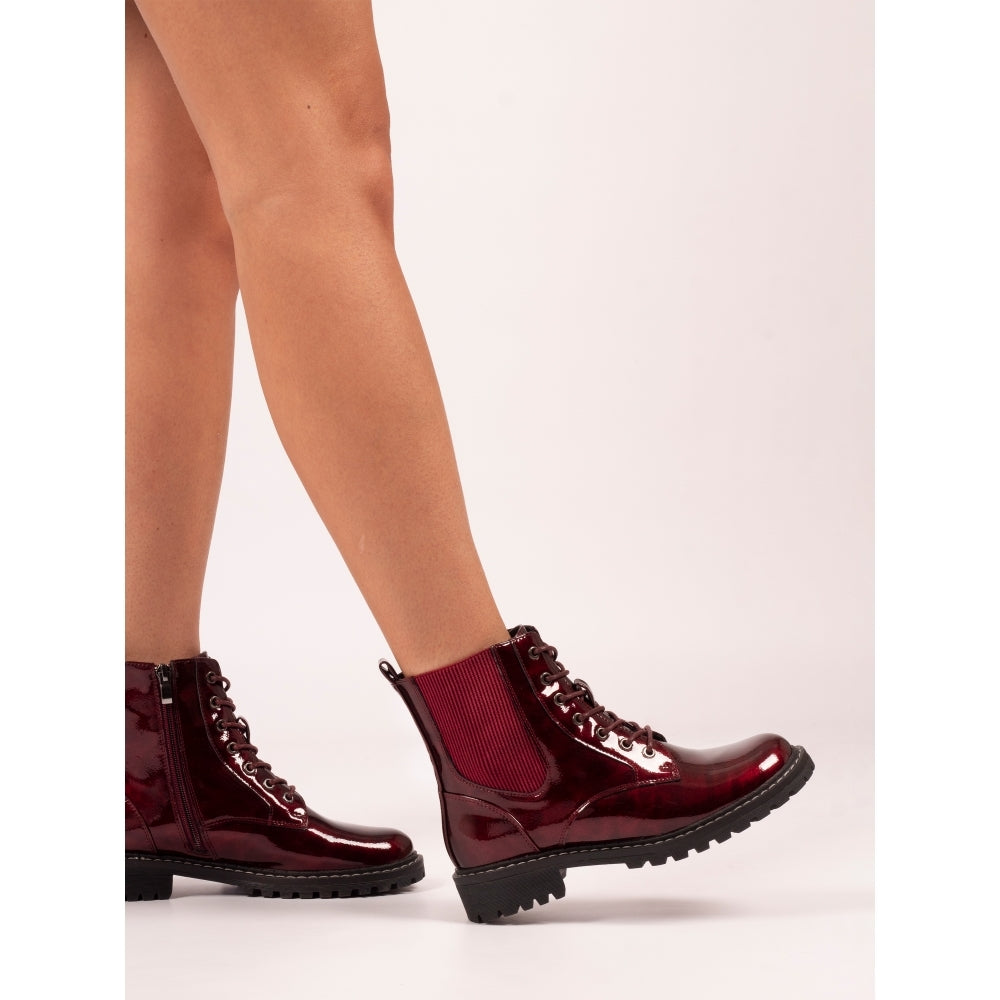 Lunar Alexis BURGUNDY PATENT Lace Up Boot With Inside Zip