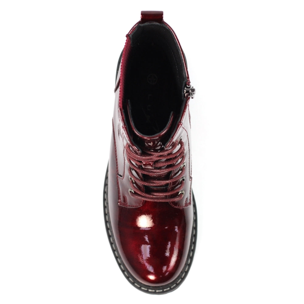 Lunar Alexis BURGUNDY PATENT Lace Up Boot With Inside Zip