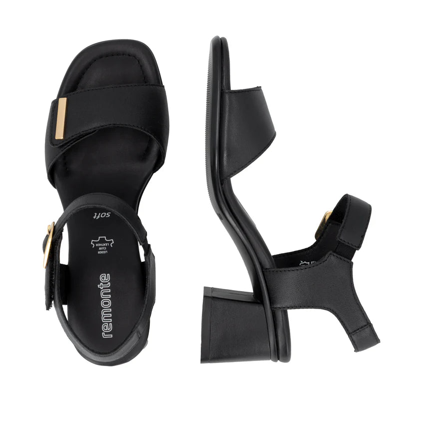Remonte D1k54 BLACK Leather Smart Adjustable Low Heel Sandal D1K54-00