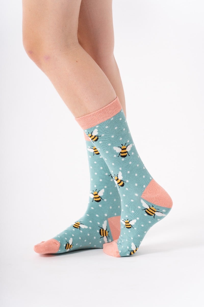 Miss Sparrow Bumble Bees TURQOISE Quality Bamboo Socks SKS238