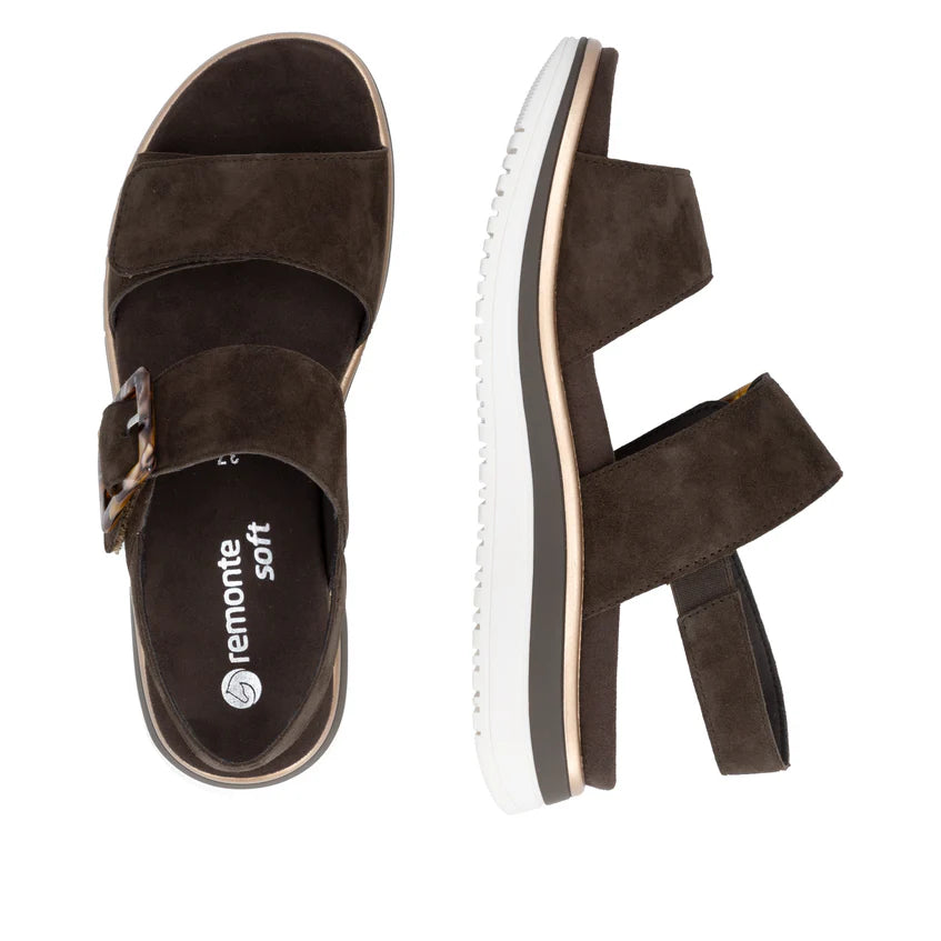 Remonte D1j62 Twin Touch Fastening Strap BROWN Suede Leather Low Wedge Sandal  D1J62-25