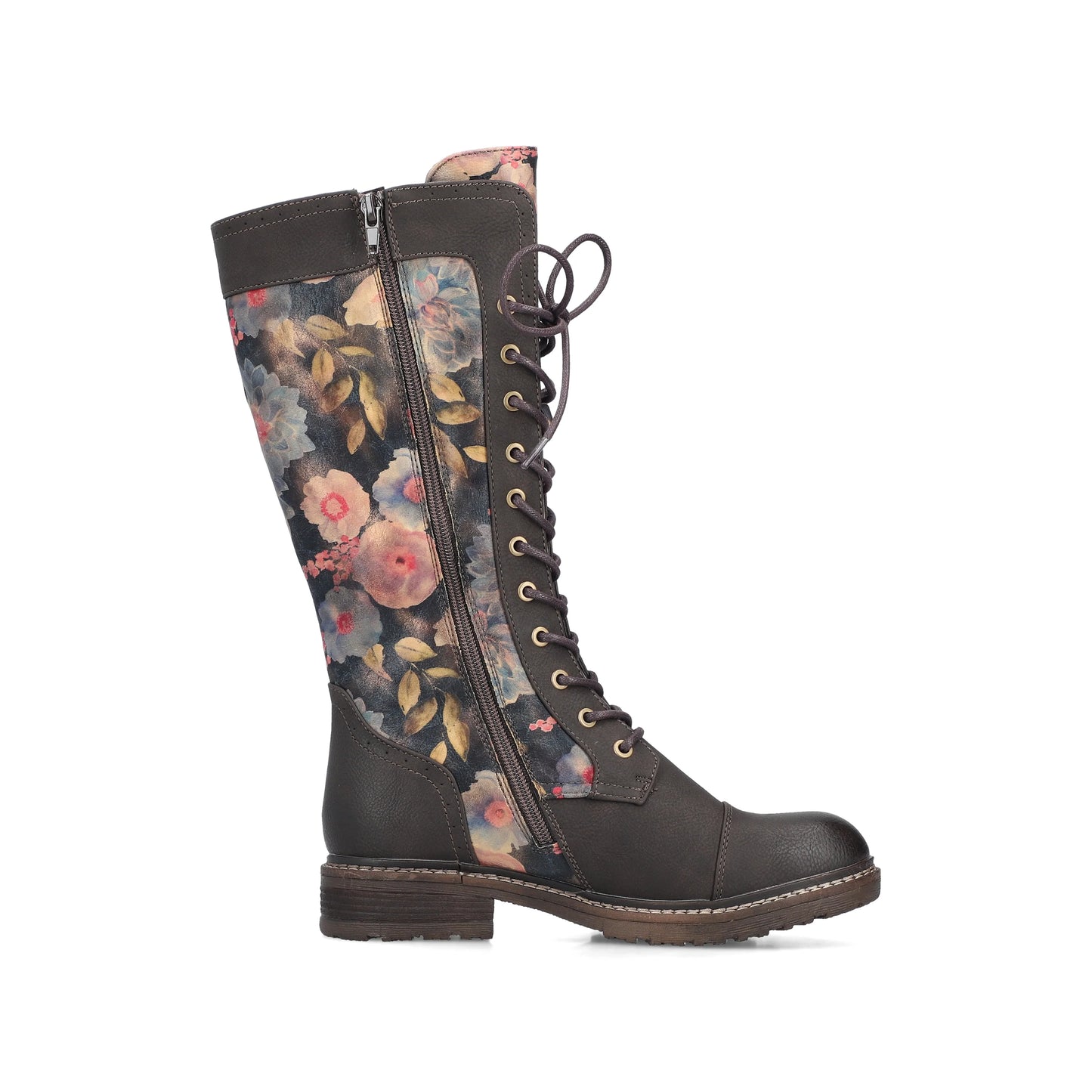 Rieker 94731 Long Leg BROWN Floral PRINT Boot with Laces and Zip 94731-91