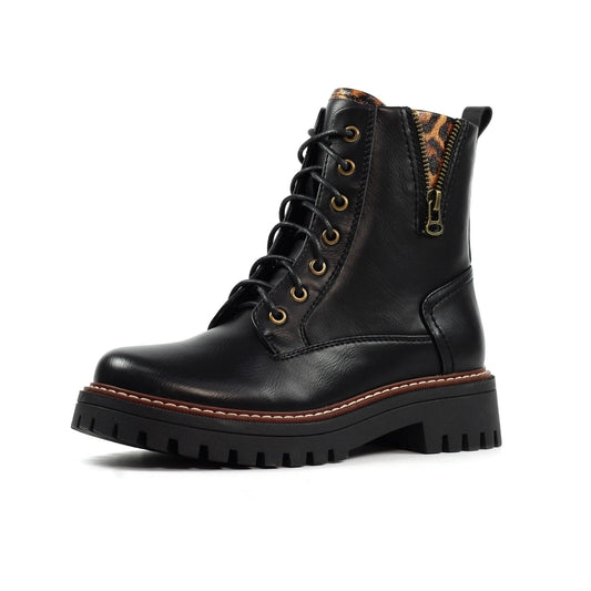 Lunar Colorado Black Chunky Sole Boot with Leorard Print Trim
