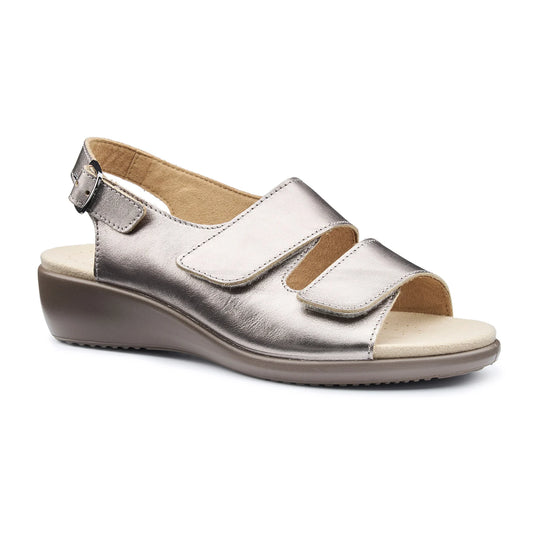 Hotter Easy Touch Fastening Wide Fit Sandal  Pewter METALLIC LEATHER