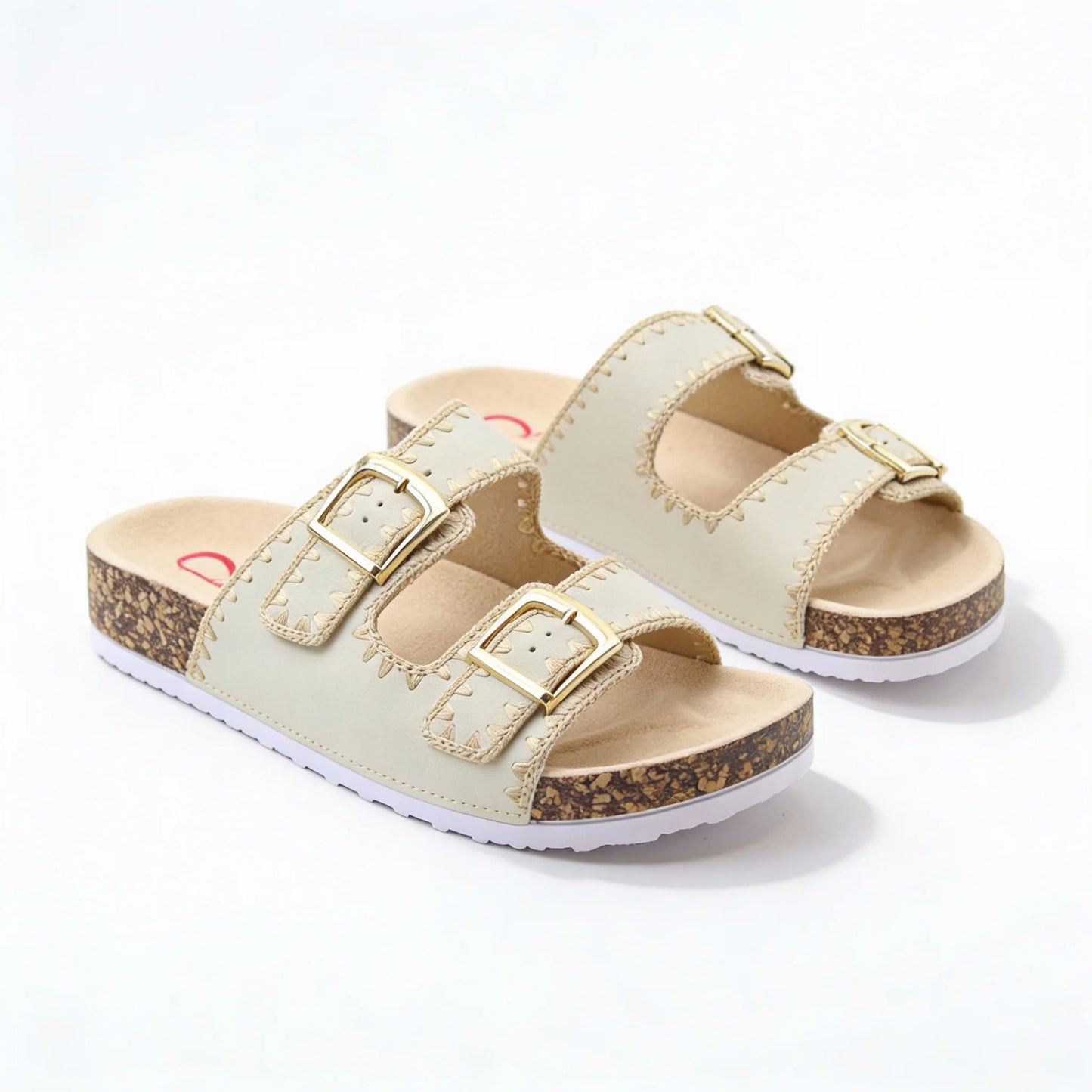 Heavenly Feet Sandy Twin Buckle Vegan Friendly Mule Sandal Beige
