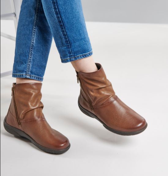 Hotter Boot WHISPER Soft Leather Flat Ankle Boot with  twin Zip Extra fit TAN