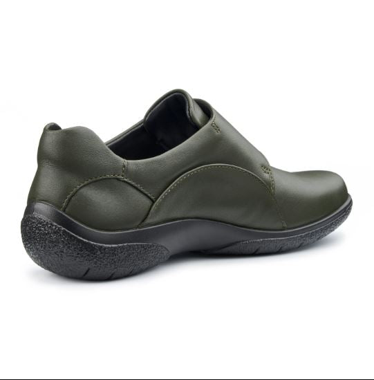 Hotter Shoe SUGAR Leather Touch Fastening Shoe Extra Wide Fitting FOREST Green