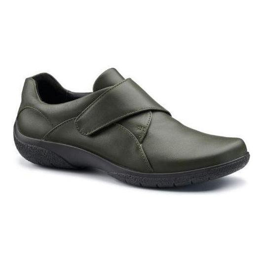 Hotter Shoe SUGAR Leather Touch Fastening Shoe Extra Wide Fitting FOREST Green