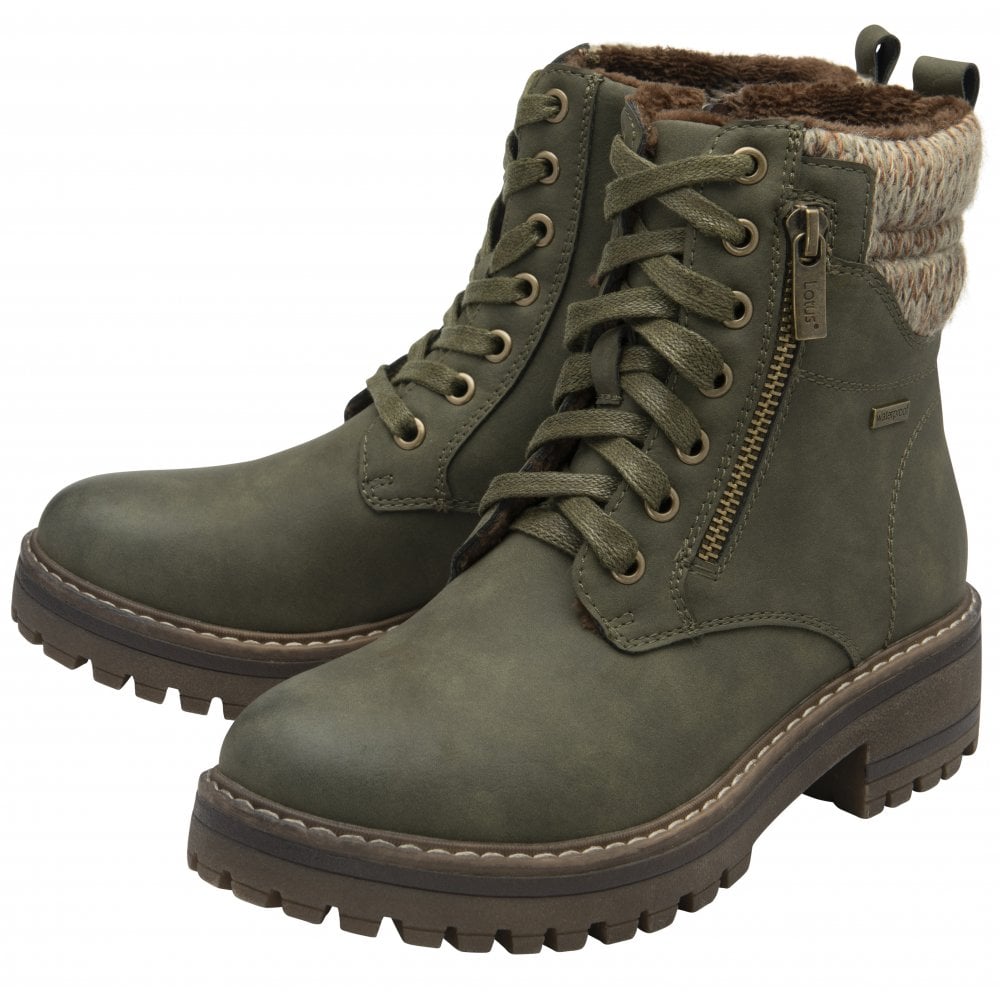 Lotus Stefani Khaki Waterproof Lace up Boots with Zip