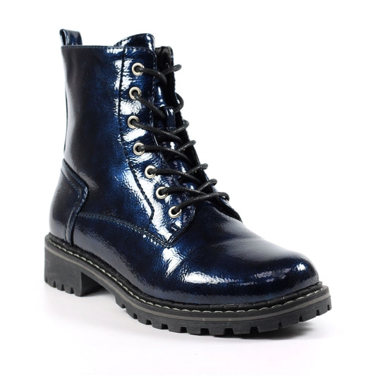 Lunar Nala NAVY Patent Lace up ankle boot with Zip GLW011