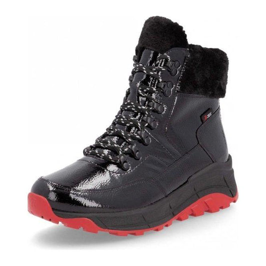 Rieker Evolution  W0063 BLACK Patent Leather Lace up and Zip Ankle Boot W0063-01