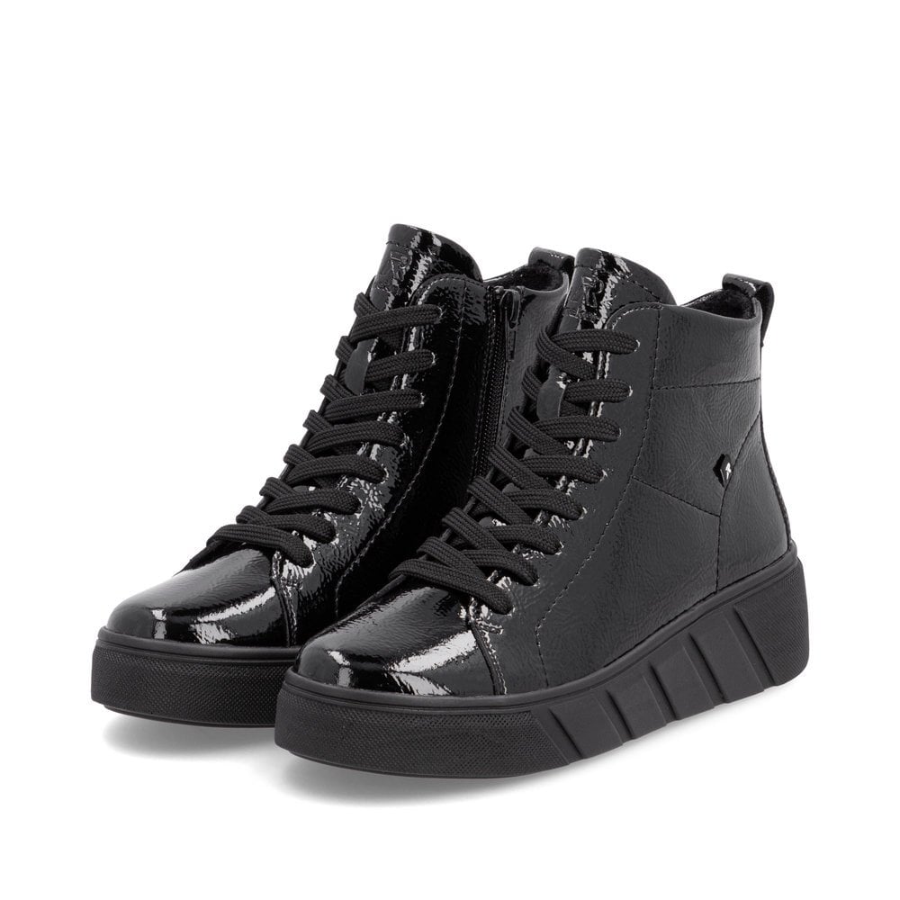 Rieker W0561 BLACK  Patent Lace Up Ankle Boot with Zip W0561-01