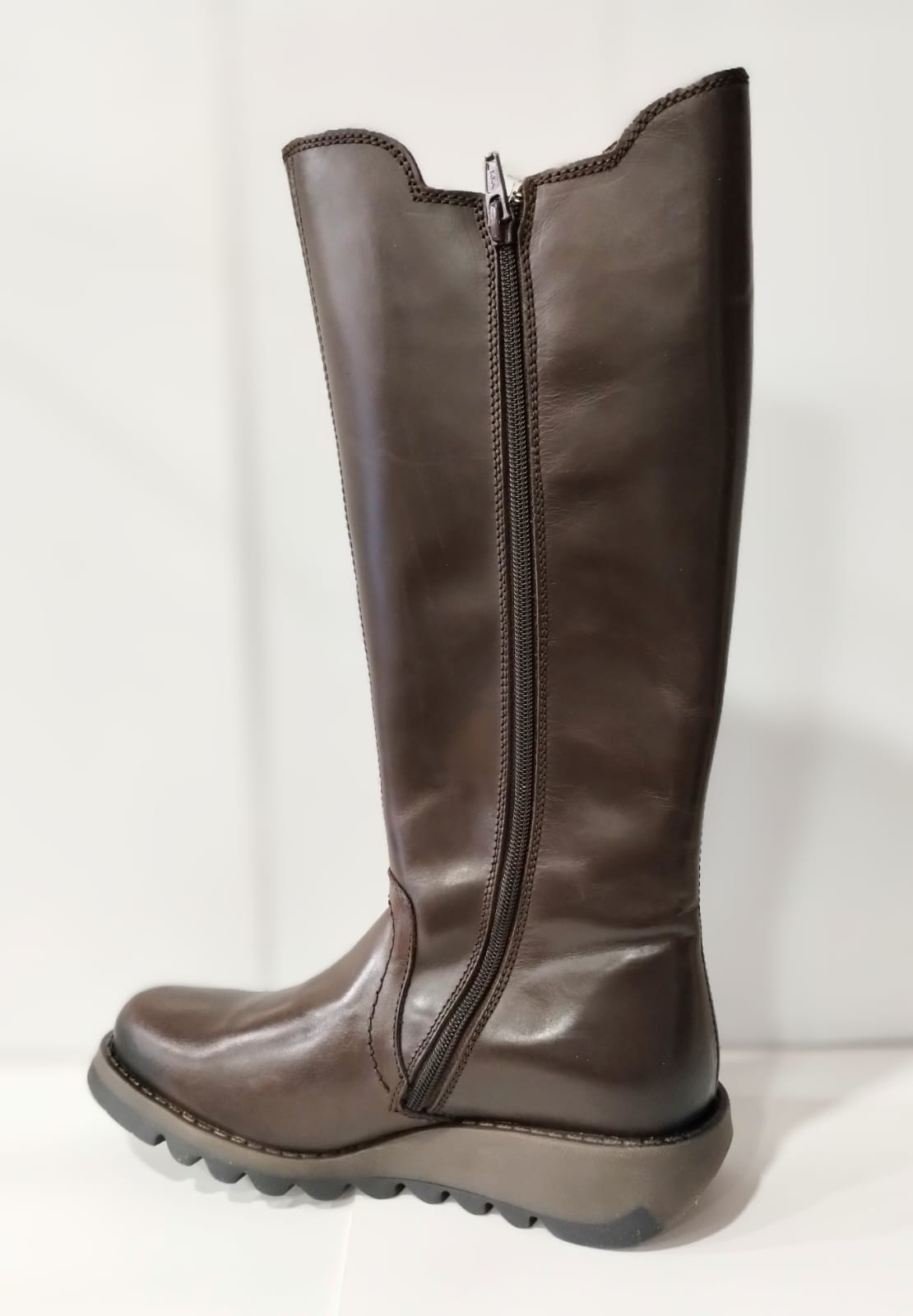 Fly London Soif Dark Brown Long Leg Leather Boot With Elastic Gusset and Zip