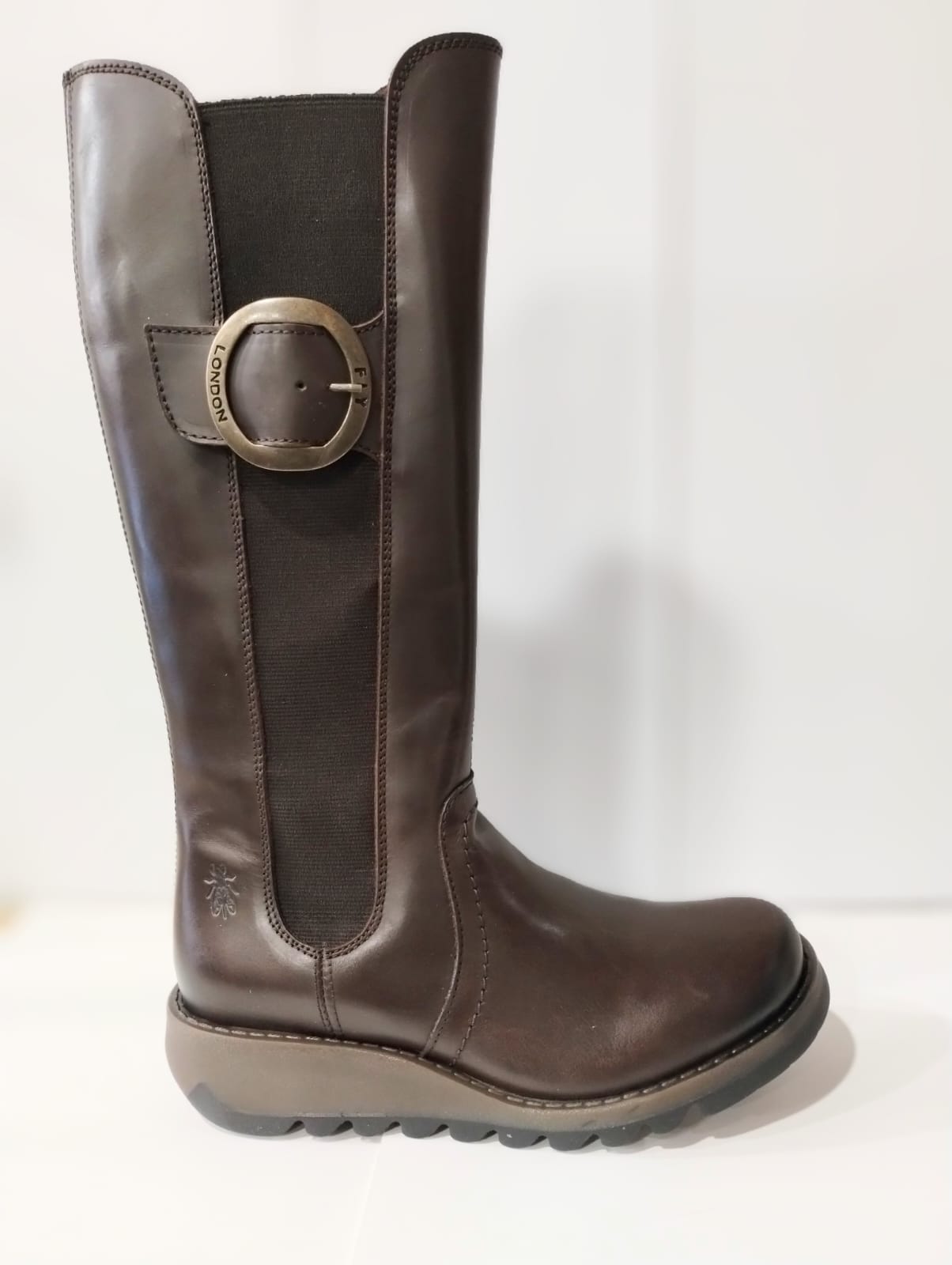 Fly London Soif Dark Brown Long Leg Leather Boot With Elastic Gusset and Zip