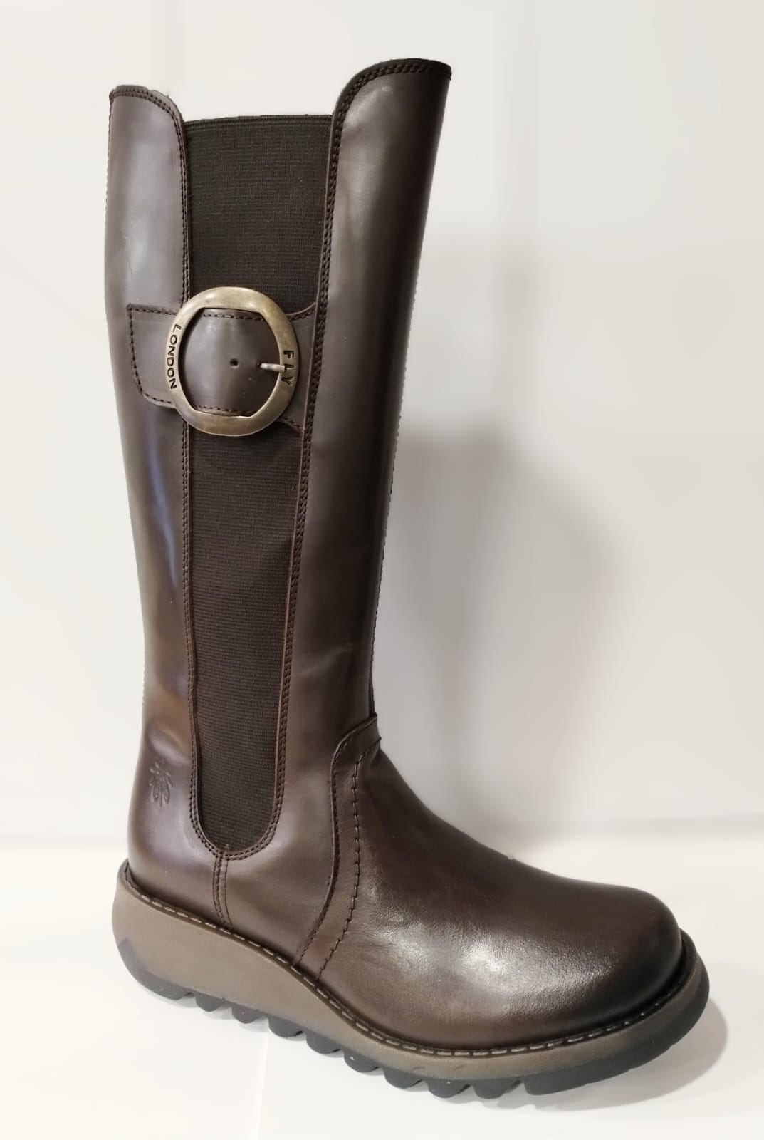 Fly London Soif Dark Brown Long Leg Leather Boot With Elastic Gusset and Zip