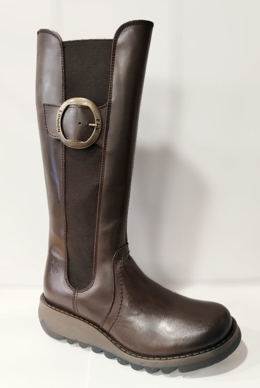 Fly London Soif Dark Brown Long Leg Leather Boot With Elastic Gusset and Zip