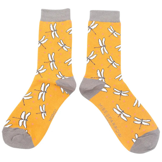 Miss Sparrow Dragonfly Quality Bamboo Socks MUSTARD SKS296