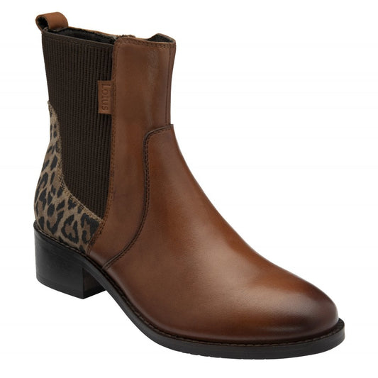 Lotus Lindley TAN Leather / Animal Print Zip Ankle Boot